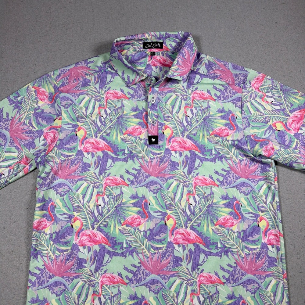 Bad Birdie Polo Shirt Men Large Flamingo Tropical Print Stretch Golf MINGOS - Picture 2 of 9
